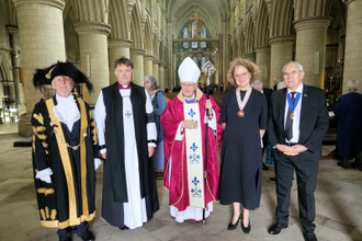 l-r:  Mayor of Norwich Dr Kevin Maguire, Bishop  of Norwich Graham Usher, Bishop Alan Hopes, Lady Clare Agnew Deputy Lord Lieutenant of Norwich, and  Cllr Vivien Thomas. Image: Keith Morris/rcdea.org.uk