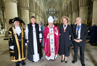 l-r:  Mayor of Norwich Dr Kevin Maguire, Bishop  of Norwich Graham Usher, Bishop Alan Hopes, Lady Clare Agnew Deputy Lord Lieutenant of Norwich, and  Cllr Vivien Thomas. Image: Keith Morris/rcdea.org.uk