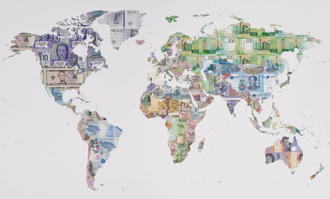 Money Map of the World, banknotes and collage on paper, Executed in 2013, © 2019 Justine Smith. All rights reserved