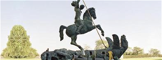 Sculpture of St George slaying a dragon created from pieces of Soviet SS-20 and US Pershing nuclear missiles. Photo:UN Photo/Milton Grant