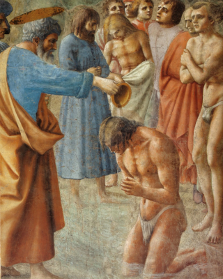 Baptism of the Neophytes by Masaccio. Painted from 1424 until 1425 Fresco. © Cappella Brancacci, Santa Maria del Carmine, Florence