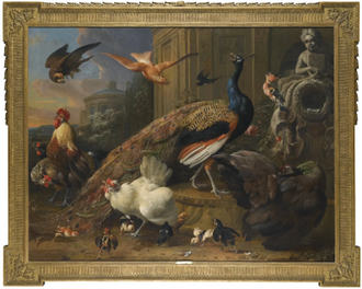 Hens and her Brood, a Peacock, all disturbed by the arrival of a Falcon, by Melchior d'Hondecoeter,17th C © Sotheby's Sale, 4 December 2013, lot 37