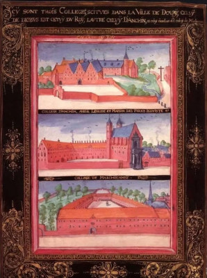 Universitas Duacensis, The three colleges of the Université de Douai, by Adrien de Montigny, 1615,  from the Album of Duke Charles of Croy © Christian Art / Wikimedia