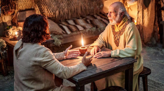 Scene from The Chosen: Jesus (Jonathan Roumie) meets with Nicodemus (Erick Avari)