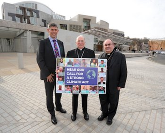 Archbishop Conte (centre) with Alistair Dutton and Bishop Joseph Toal calling for tougher action on climate change in 2018