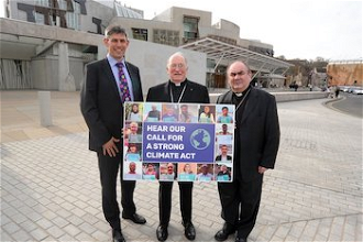 Archbishop Conte (centre) with Alistair Dutton and Bishop Joseph Toal calling for tougher action on climate change in 2018