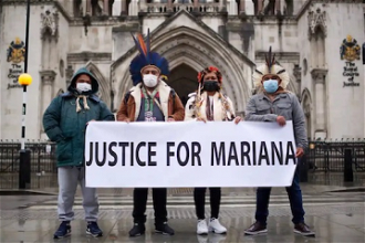 Community representatives affected by Mariana dam disaster outside Royal Courts of Justice in London. Image: Brazil Matters UK