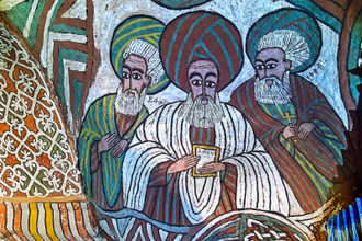 Isaac, Abraham and Jacob fresco in Orthodox rock church Abuna Yemata Guh, Gheralta region, Tigray, Ethiopia, 6thC © Alamy Stock