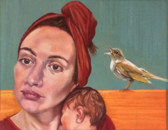 Ukrainian mother with baby born in bomb shelter, March 2022. Painting by Helena Siedlecka