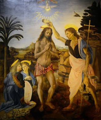 Baptism of Christ, by Andrea del Verrocchio and Leonardo da Vinci © Uffizi Gallery, Florence