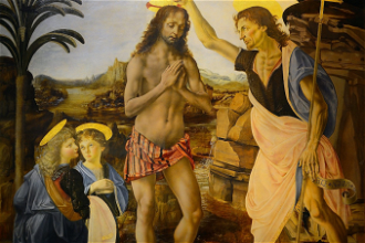 Baptism of Christ, by Andrea del Verrocchio and Leonardo da Vinci © Uffizi Gallery, Florence