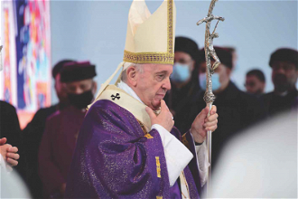 Pope Francis celebrating Mass at Franso Hariri Stadium, Erbil, Iraq 2021. Image: ACN