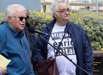 Phil Kertton and Ben Bano at the Migrants Memorial in Dover