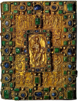 Codex Aureus of St Emmeram, produced for the Holy Roman Emperor Charles II (the Bald), 870 AD. Gold, inset with precious gemstones © Munich, Bayerische Staatsbibliothek.