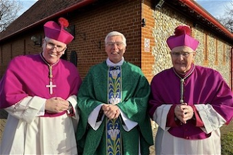 l-r: Bishop Peter Collins, Bishop-Elect Philip Moger and Bishop Emeritus Alan Hopes at  final Mass. Image: Norman Servais