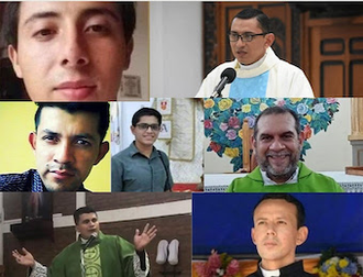 The seven from diocese of Matagalpa found guilty of conspiracy against the state in January. Collage created. published by Nicaraguan Press.