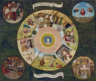 The 7 Deadly Sins and 4 last Things, by Hieronymus Bosch, 1480. © Prado Museum, Madrid (click on link below• to see a larger version)