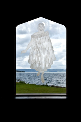 Christ in Maori Cloak, walking on the Water of Lake Rotorua. St Faith Anglican Church, by Lake Rotorua Ohinemutu, Rotorua, New Zealand © Alamy