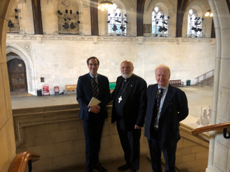 l-r: James Somerville-Meikle, Bishop Kenneth Nowakowski, Nigel Parker in Parliament