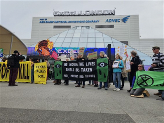 Protesters outside Shell AGM at Excel Centre