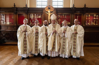 Cardinal Nichols wth Fr John Casey, Fr Marco Lazzaron, Fr Juan Sola Garcia, Fr Francis Thomas and Fr Patrick van der Vorst. Image M Mazur.
