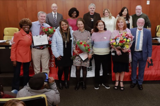 CAFOD staff, partners and friends at Sao Paolo City Hall. Clare is in front on right next to Manoel del Rie from Brazil partner SEMIANDO