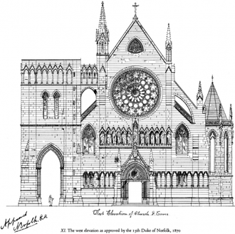 The west elevation of Arundel Cathedral as approved by the 15th Duke of Norfolk 1870