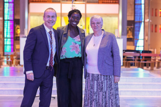 l-r: Darren Gidman, headteacher; Christine Ohuruogu MBE; Sister Pauline