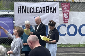 Archbishop William Nolan of Glasgow at a vigil outside Faslane Nuclear Base in March 2023