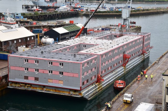 Bibby Stockholm in Falmouth Docks, 9 May 2023.   Wiki Image by Ashley Smith.