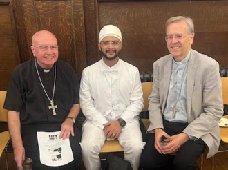 Archbishop Kevin McDonald, Er Yazad T Bhadha (Zoroastrian priest) and Bishop Nicholas Hudson