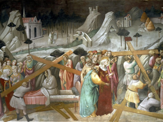 The Finding and Trial of the Three Crosses, by Agnolo Gaddi. 1385-87, Fresco. © Chancel Chapel, Santa Croce, Florence
