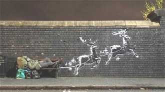 Ryan being pulled by Two Reindeer, Street art by Banksy, 2019 © Pest Control / Christian Art