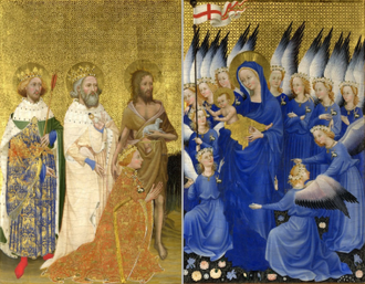 Richard II presented to the Virgin and Child by his Patron Saint John the Baptist and Saints Edward and Edmund (The Wilton Diptych). Unattributed, Made for Richard II. Image public domain.