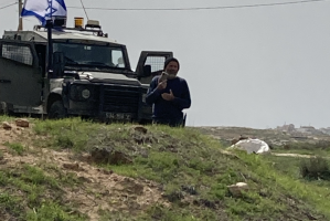 Ominous sight - armed settlers with military jeep watch Susiya - Feb 2022 Image: Jessica_EAPPI