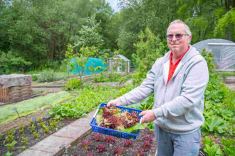 Caritas volunteer working in allotment which provide food for the Caritas food pantry