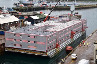 Bibby Stockholm in Falmouth Docks, 9 May 2023. Wiki Image by Ashley Smith.