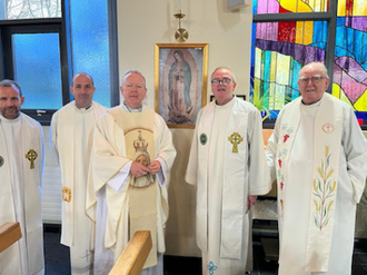 Fr Declan Shannon, Fr Michael Hinds CF,  Archbishop Martin; Fr Paschal Hanrahan HCF,  Fr Richard Delahunty CSsR with the picture of Our Lady of Guadalupe