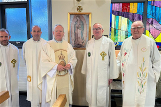 Fr Declan Shannon, Fr Michael Hinds CF,  Archbishop Martin; Fr Paschal Hanrahan HCF,  Fr Richard Delahunty CSsR with the picture of Our Lady of Guadalupe