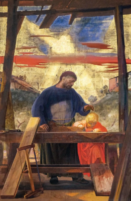 St Joseph and the Christ Child in the Carpentry Workshop. Fresco by Pietro Annigoni (1910-1988), 1963 Fresco at Church of San Lorenzo, Firenze © Christian Art