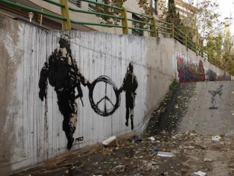 Peace not War, Street Art by MAD. Sprayed in 2011. Spray paint on wall, Iran  © Mad, artist