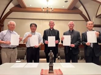 l-r: Archbishop Emeritus Joseph Mitsuaki Takami, Archbishop Peter Nakamura, Archbishop John Wester, Archbishop Paul Etienne, Bishop Alexis Shirahama. Image: Archdiocese of Santa Fe