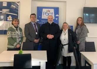 Bishop Stock with Andy Keen-Downs and Pact team during their visit to New Hall prison