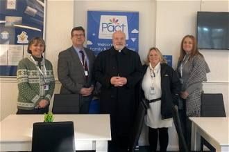 Bishop Stock with Andy Keen-Downs and Pact team during their visit to New Hall prison