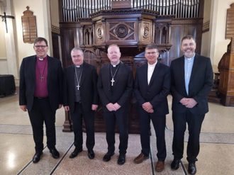 l-r: Bishop Andrew Forster, Archbishop John McDowell, Archbishop Eamon Martin, Rt Rev Dr Sam Mawhinney, Rev David Turtle, image: Catholic Communications Office archive