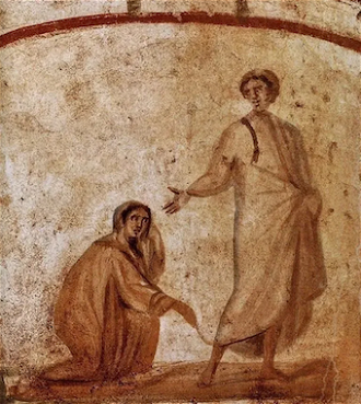 A woman touching the cloak of Jesus, Catacombs of Marcellinus and Peter, Rome, 4th century AD © Christian Art