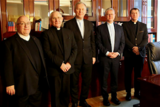l-r: Canon Christopher Thomas, Bishop Paul McAleenan, Bishop Piotr Turzyński, Fr Bogdan Kołodziej, Fr Artur Strzępka © Polish Catholic Bishops' Conference.