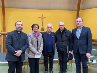 l-r: Fr Javier Ruiz-Ortiz, Professor Nuria Calduch-Benages, Fr Dr Adrian Graffy, Archbishop of Lima Carlos Castillo  and Dr Sean Ryan