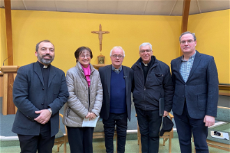 l-r: Fr Javier Ruiz-Ortiz, Professor Nuria Calduch-Benages, Fr Dr Adrian Graffy, Archbishop of Lima Carlos Castillo  and Dr Sean Ryan