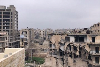 Destruction of homes from conflict in Aleppo, Syria, February 2024